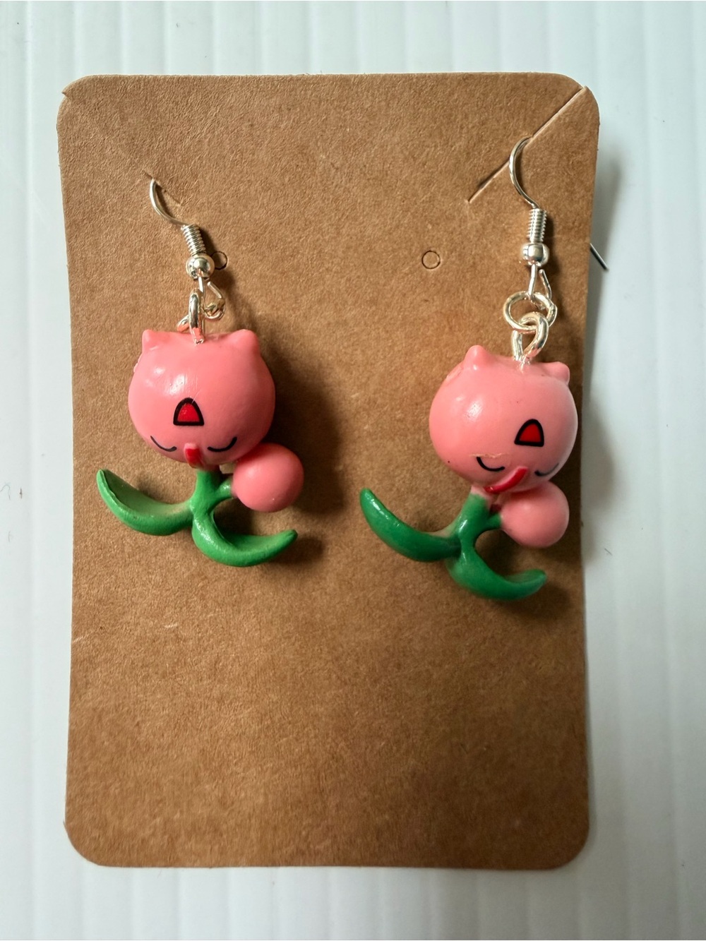 Handmade Pink Pokémon Earrings with Green Stems
